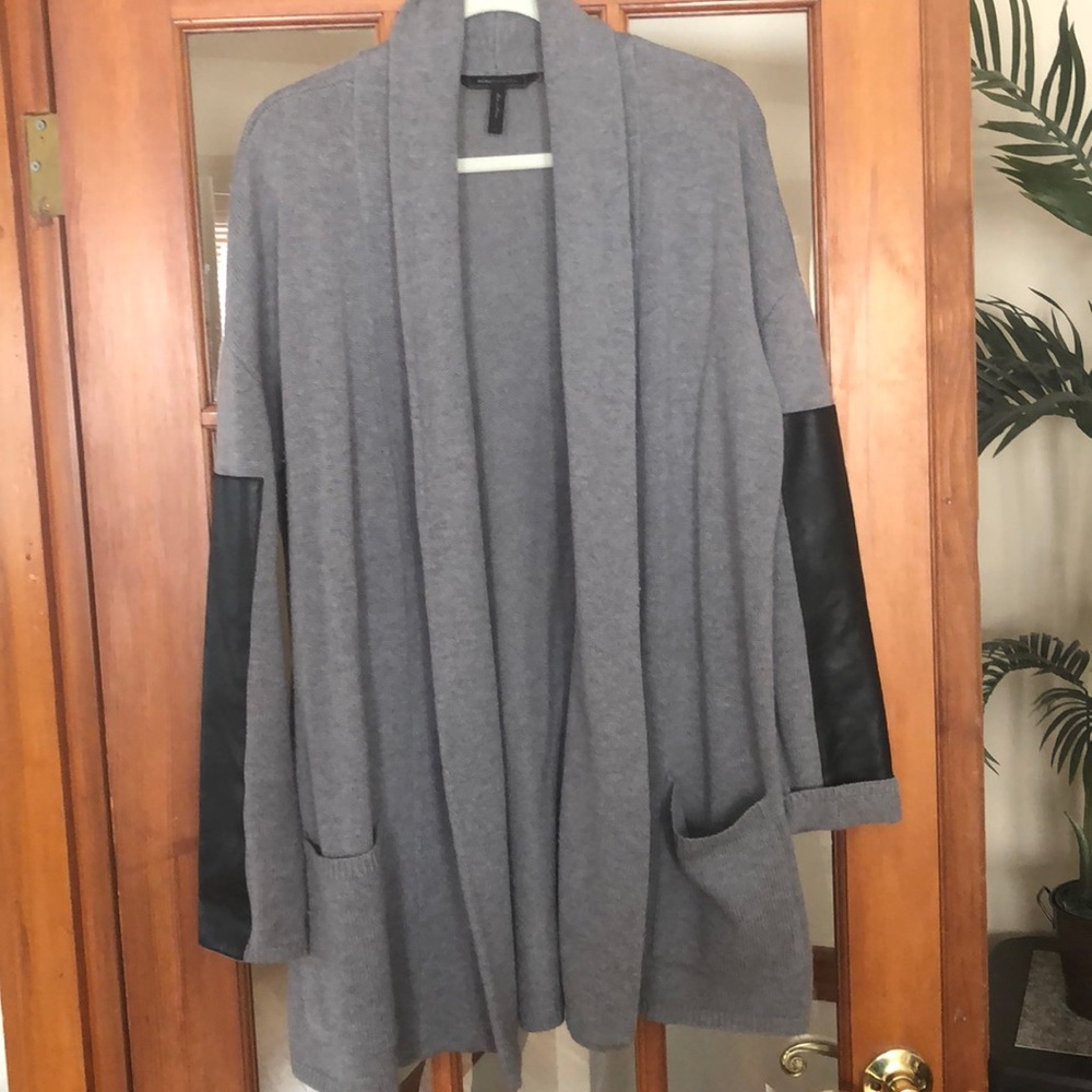 BCBG sweater jacket with vegan leather detail!